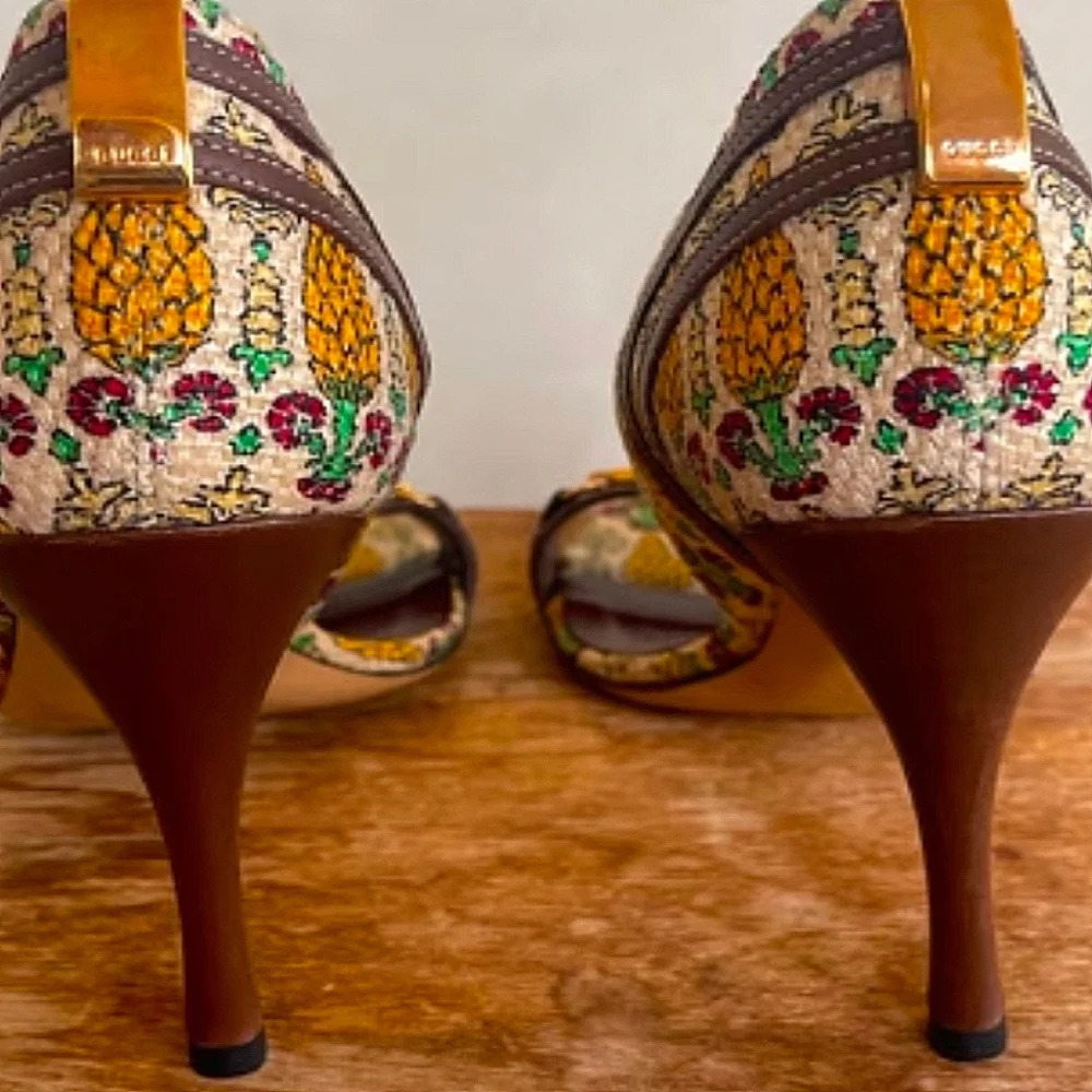 Gucci horsebit pineapple print brown leather d'Orsay vintage‎ heels size 6.5 - Picture 5 of 9